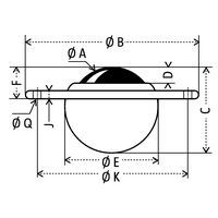 - Ø A : bola Ø- Ø B : Ø total- C : altura total- D : exposición de la bola- Ø E : Ø útil- F : exposición total- J : esp. platina de metal- Ø K : distancia entre los orificios de fijación- Ø Q 