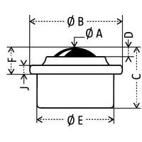 Bola de carcasa de acero embutido:- Ø A: bola Ø- Ø B: Ø total- C: altura total- D: superación de la bola- Ø E: Ø útil- F: Superación total- J: Platina grosor