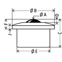 Bola con cárter gastado:- Ø A : bola Ø- Ø B : Ø total- C : altura total- D : exposición de la bola- Ø E : Ø útil- F : exposición total- J : esp. platina de metal