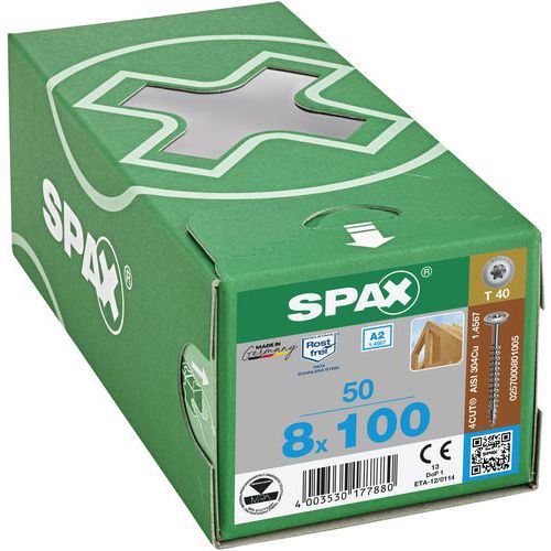 Caja de 50 tornillos para madera Ø 8 mm con cabeza plana TX y rosca completa - Spax