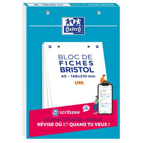 Bloc brístol de 30 fichas perforadas de 148x210 lisas de color blanco - Oxford